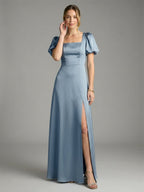 Simple Dusty Blue Satin A-Line Square Neck Back Zip Ankle-Length Bridesmaid Dress - Curvevia