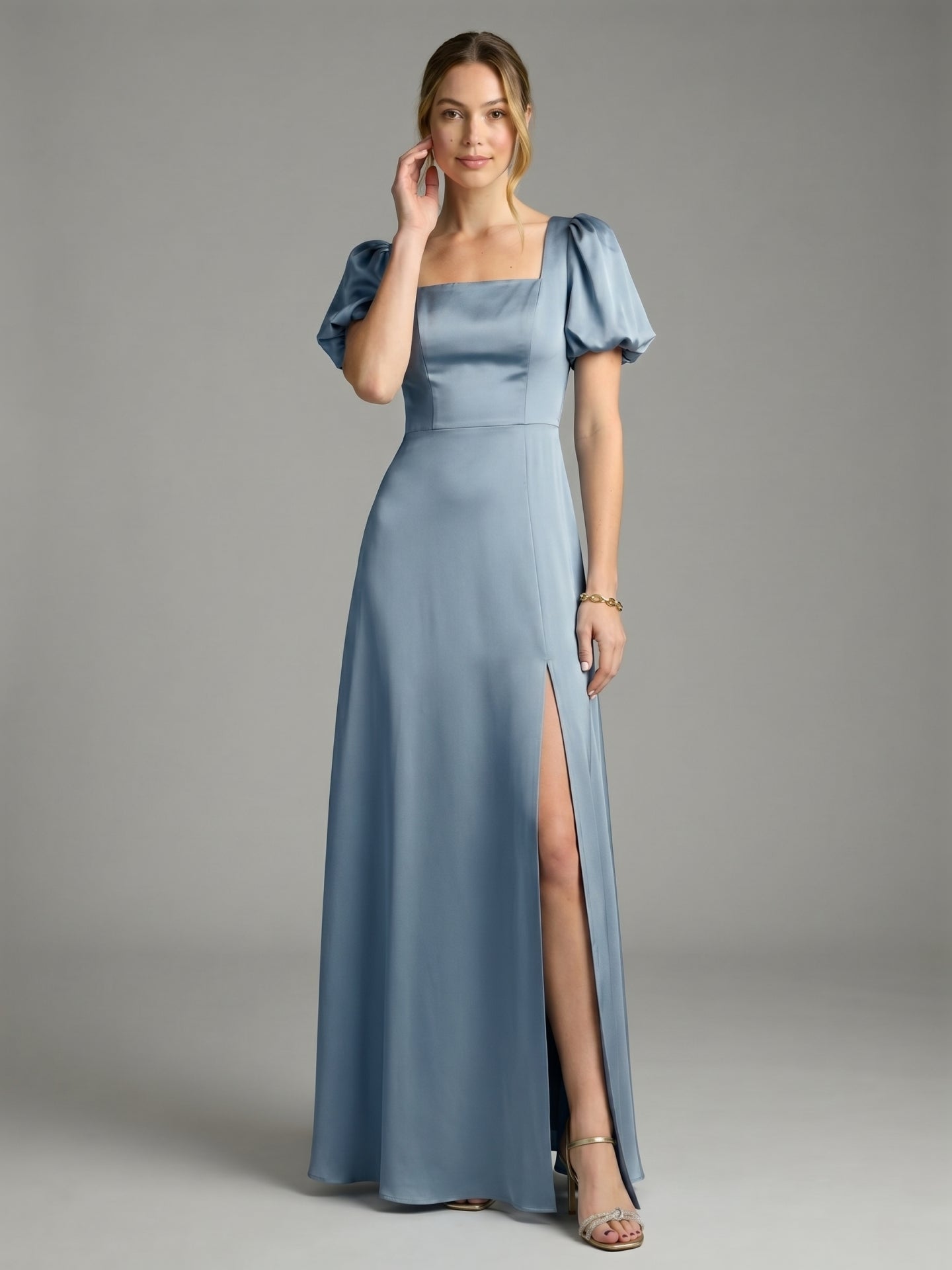 Simple Dusty Blue Satin A-Line Square Neck Back Zip Ankle-Length Bridesmaid Dress - Curvevia