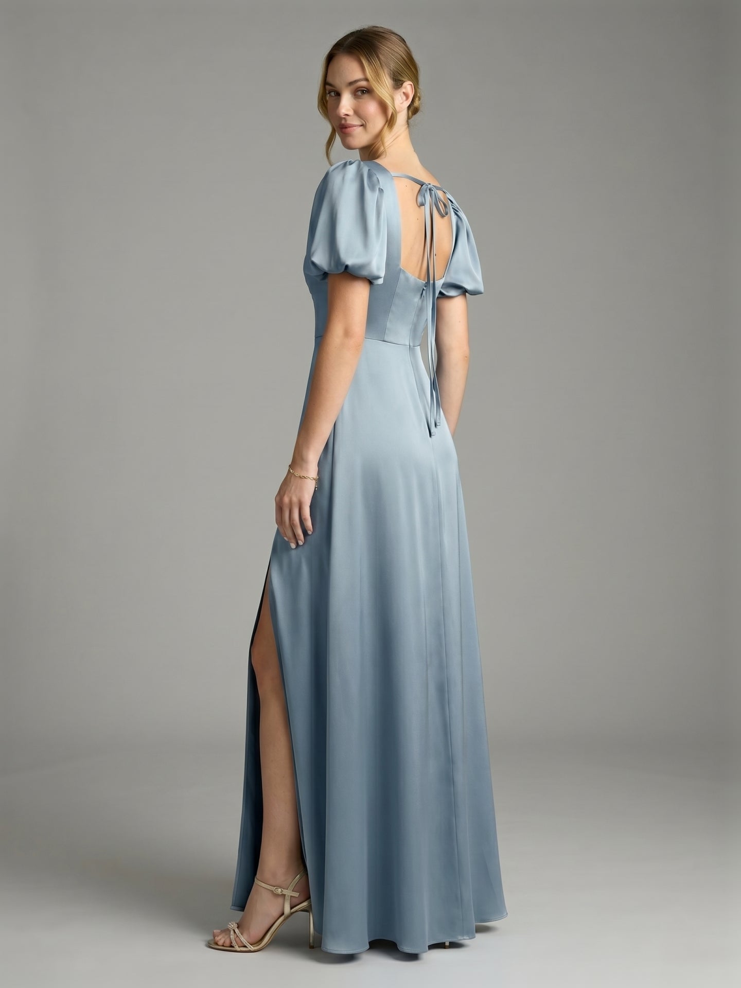 Simple Dusty Blue Satin A-Line Square Neck Back Zip Ankle-Length Bridesmaid Dress - Curvevia