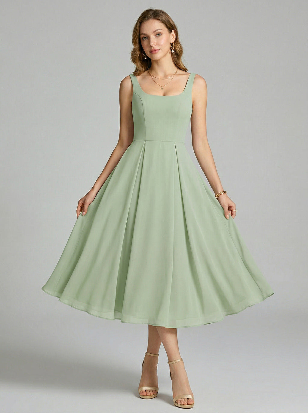 Simple Dusty Sage Chiffon A-Line Square Neck Back Zip Tea-Length Bridesmaid Dress - Curvevia
