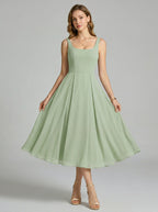 Simple Dusty Sage Chiffon A-Line Square Neck Back Zip Tea-Length Bridesmaid Dress - Curvevia