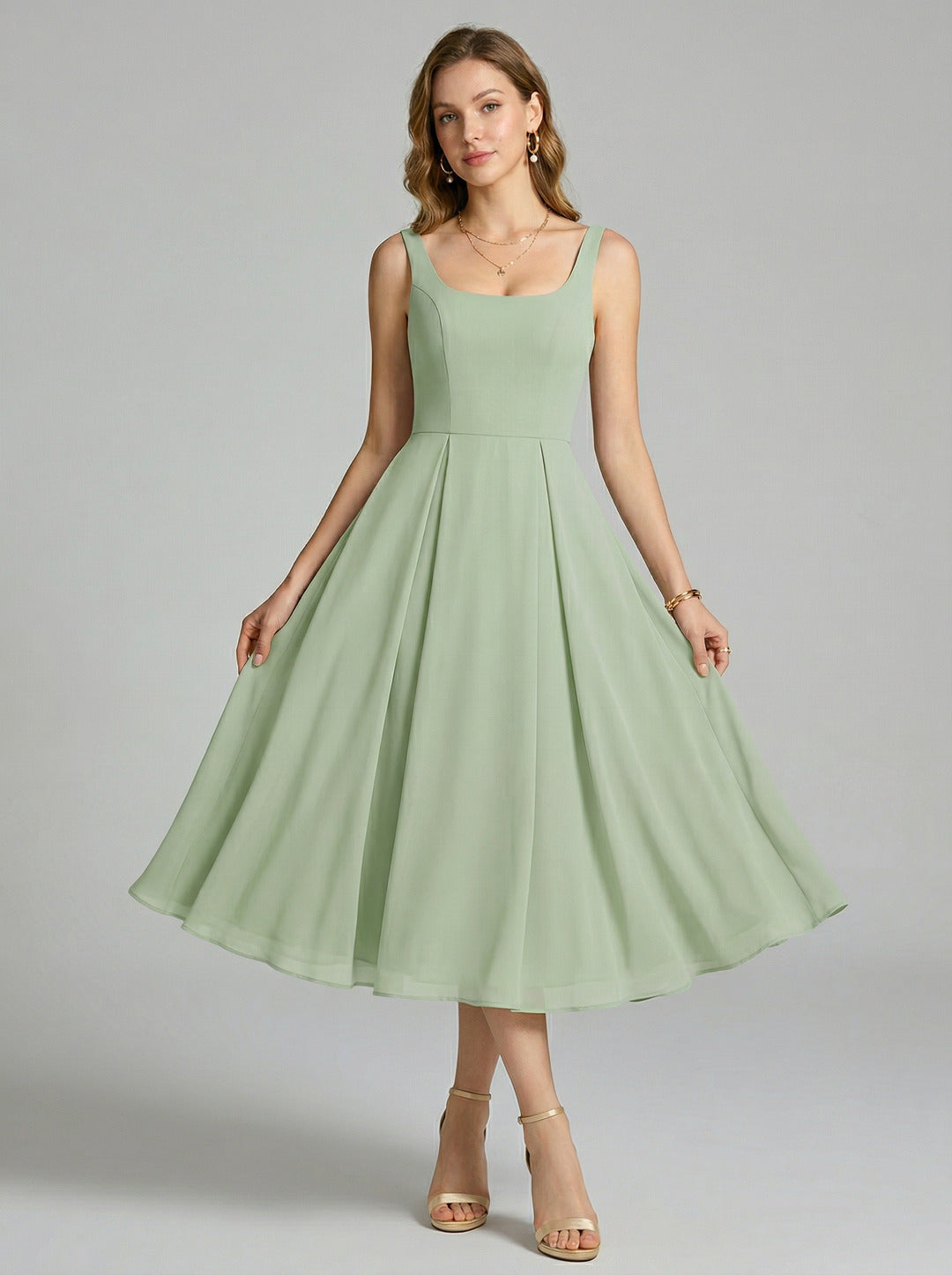 Simple Dusty Sage Chiffon A-Line Square Neck Back Zip Tea-Length Bridesmaid Dress - Curvevia