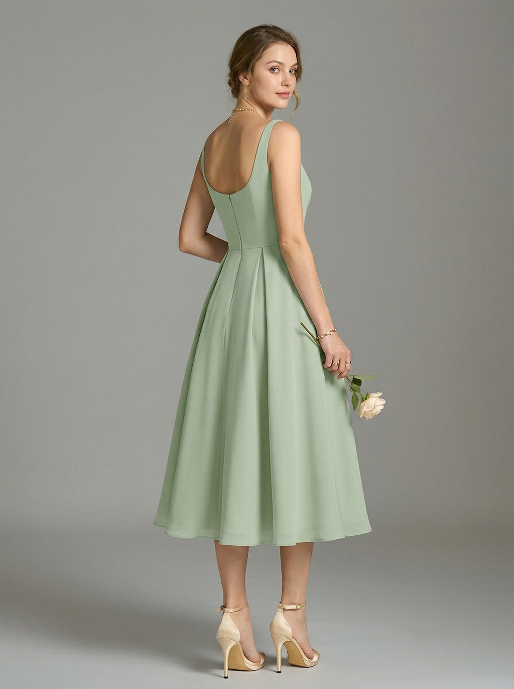 Simple Dusty Sage Chiffon A-Line Square Neck Back Zip Tea-Length Bridesmaid Dress - Curvevia