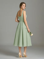 Simple Dusty Sage Chiffon A-Line Square Neck Back Zip Tea-Length Bridesmaid Dress - Curvevia