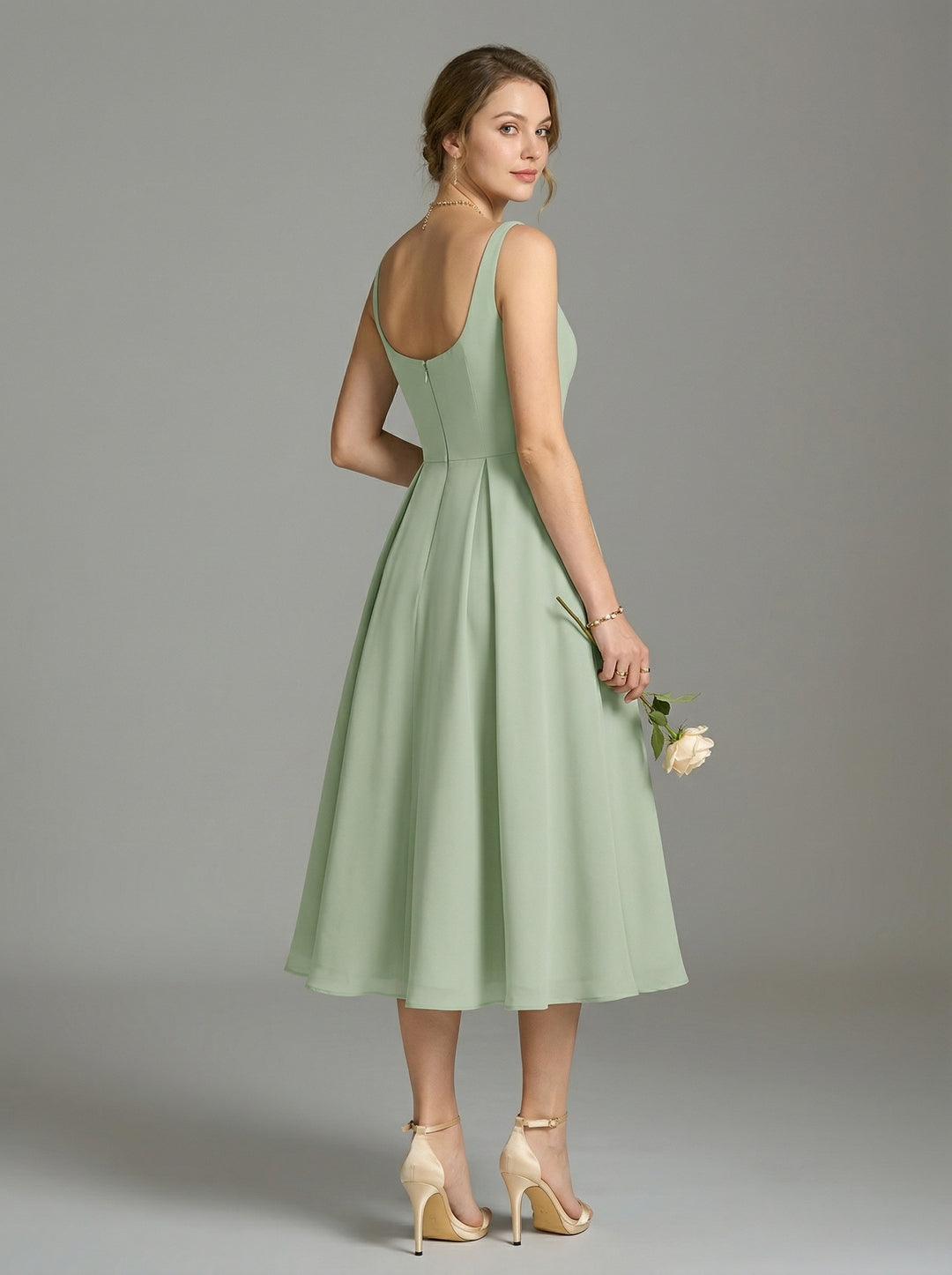 Simple Dusty Sage Chiffon A-Line Square Neck Back Zip Tea-Length Bridesmaid Dress - Curvevia