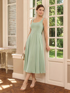 Simple Dusty Sage Chiffon A-Line Square Neck Back Zip Tea-Length Bridesmaid Dress - Curvevia