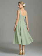 Simple Dusty Sage Chiffon A-Line Square Neck Back Zip Tea-Length Bridesmaid Dress - Curvevia