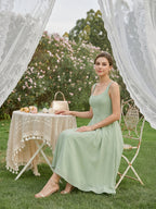 Simple Dusty Sage Chiffon A-Line Square Neck Back Zip Tea-Length Bridesmaid Dress - Curvevia