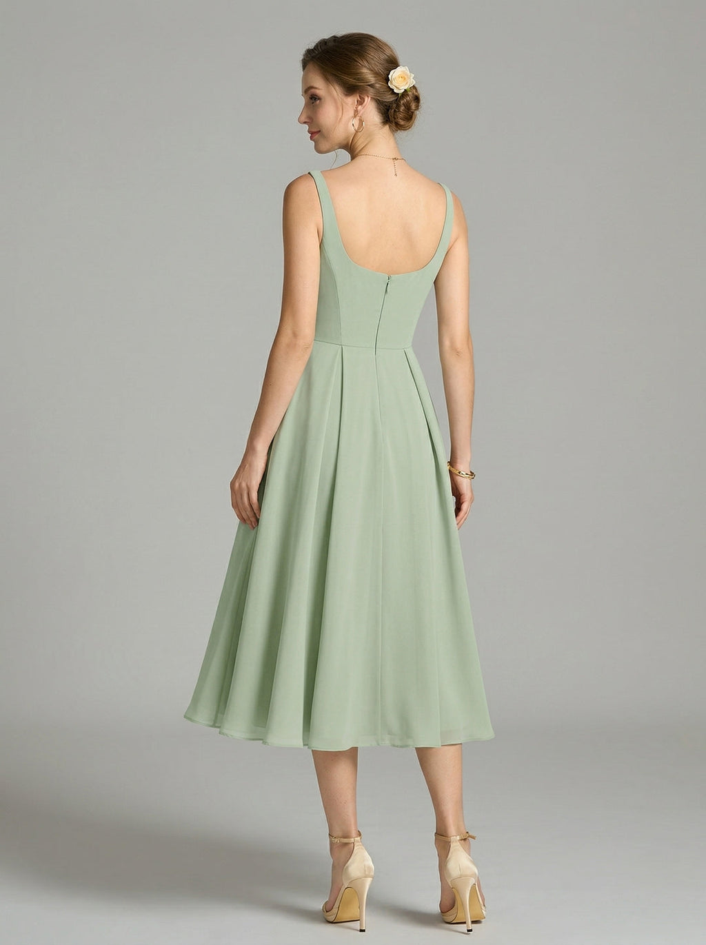 Simple Dusty Sage Chiffon A-Line Square Neck Back Zip Tea-Length Bridesmaid Dress - Curvevia