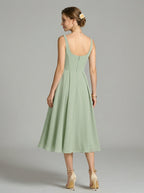 Simple Dusty Sage Chiffon A-Line Square Neck Back Zip Tea-Length Bridesmaid Dress - Curvevia