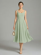 Simple Dusty Sage Chiffon A-Line Square Neck Back Zip Tea-Length Bridesmaid Dress - Curvevia