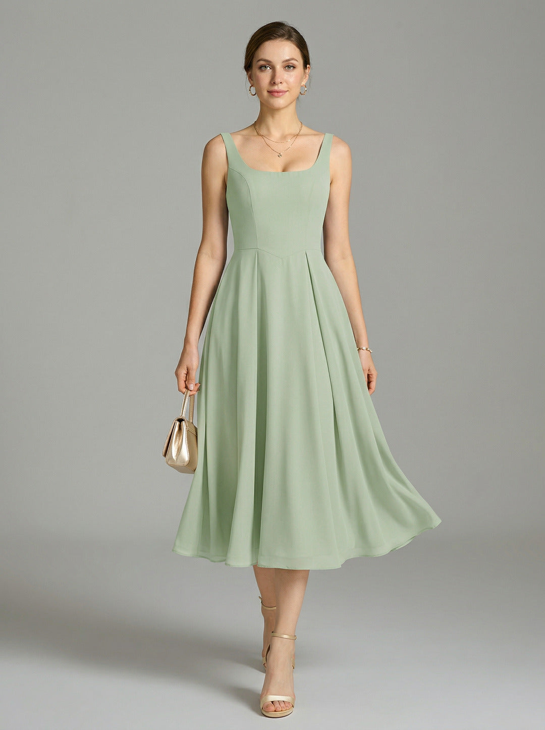 Simple Dusty Sage Chiffon A-Line Square Neck Back Zip Tea-Length Bridesmaid Dress - Curvevia