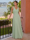 Simple Dusty Sage Chiffon A-Line V-Neck Back Zip Ankle-Length Bridesmaid Dress - Curvevia
