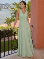 Simple Dusty Sage Chiffon A-Line V-Neck Back Zip Ankle-Length Bridesmaid Dress - Curvevia