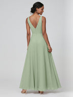 Simple Dusty Sage Chiffon A-Line V-Neck Back Zip Ankle-Length Bridesmaid Dress - Curvevia