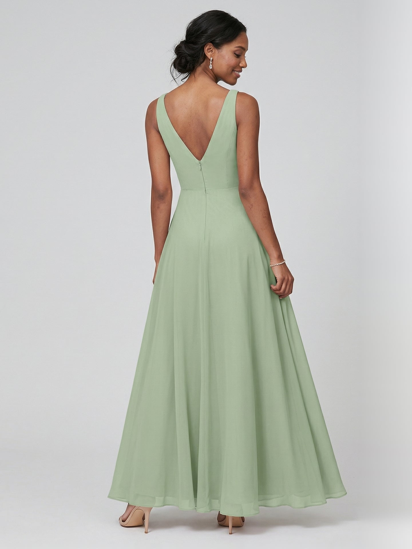 Simple Dusty Sage Chiffon A-Line V-Neck Back Zip Ankle-Length Bridesmaid Dress - Curvevia
