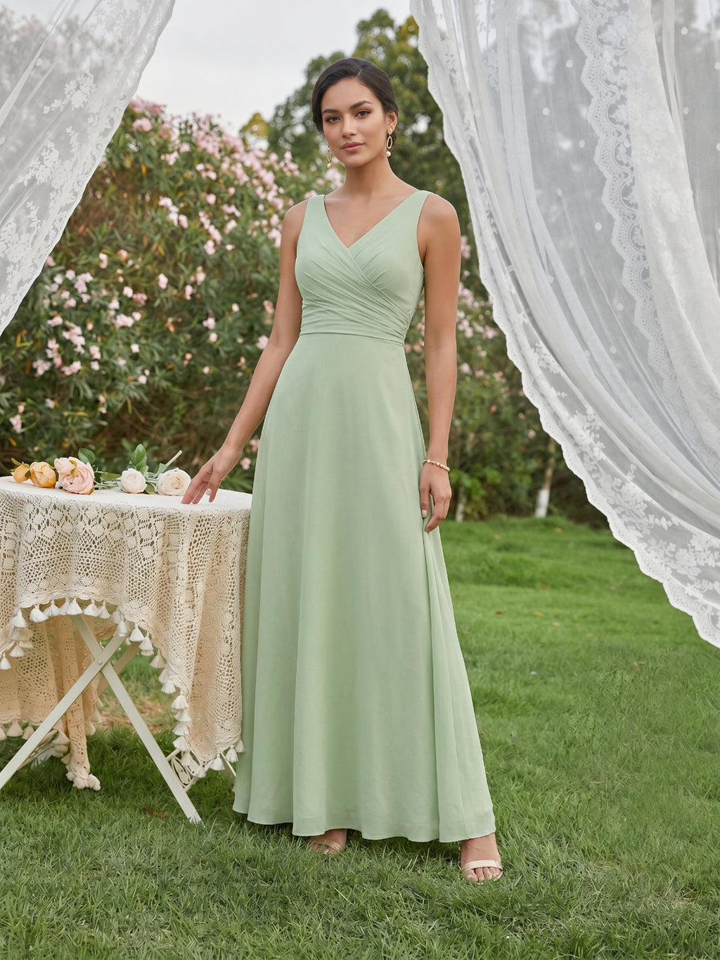 Simple Dusty Sage Chiffon A-Line V-Neck Back Zip Ankle-Length Bridesmaid Dress - Curvevia