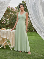 Simple Dusty Sage Chiffon A-Line V-Neck Back Zip Ankle-Length Bridesmaid Dress - Curvevia