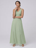 Simple Dusty Sage Chiffon A-Line V-Neck Back Zip Ankle-Length Bridesmaid Dress - Curvevia