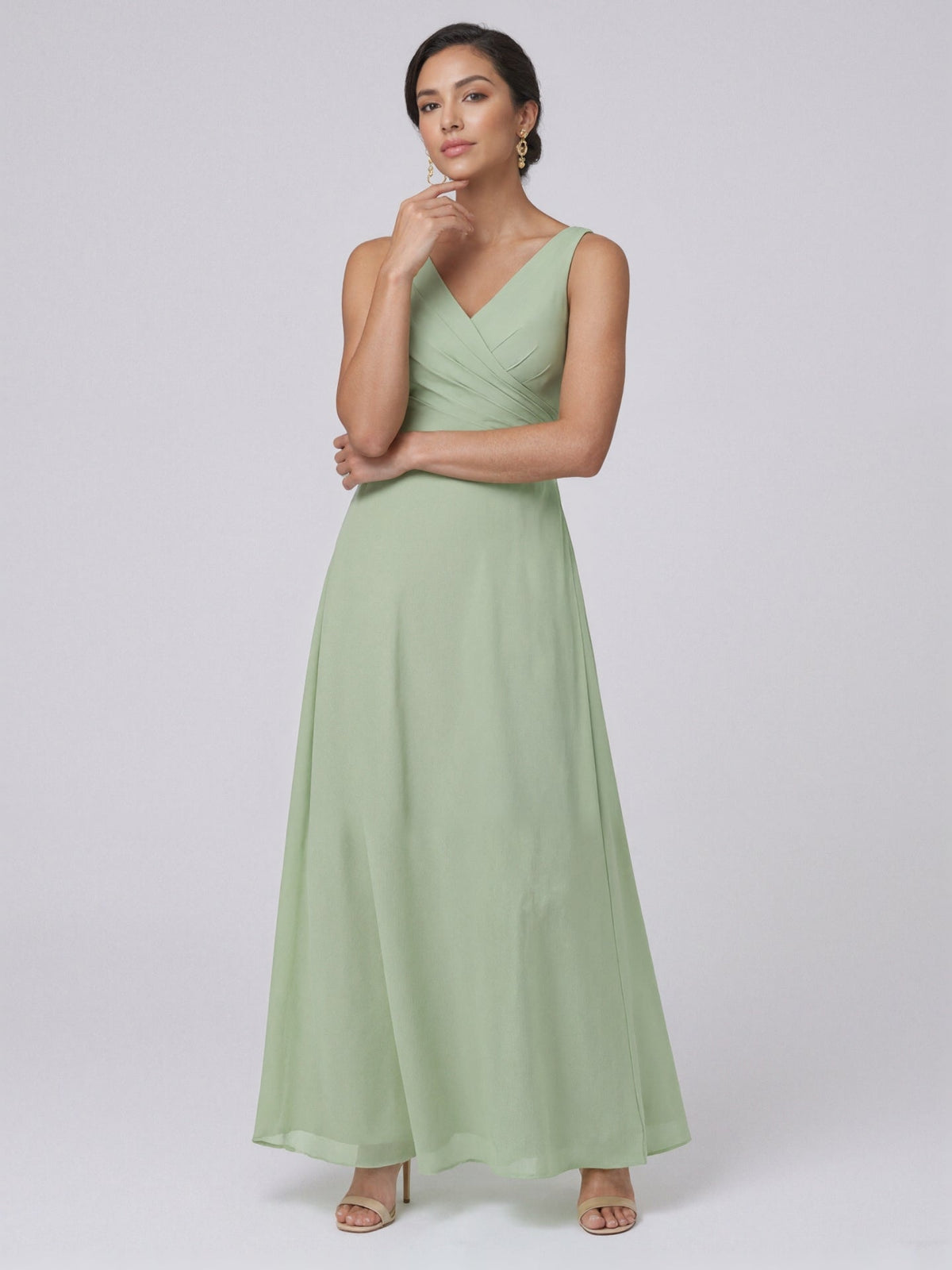 Simple Dusty Sage Chiffon A-Line V-Neck Back Zip Ankle-Length Bridesmaid Dress - Curvevia