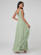 Simple Dusty Sage Chiffon A-Line V-Neck Back Zip Ankle-Length Bridesmaid Dress - Curvevia
