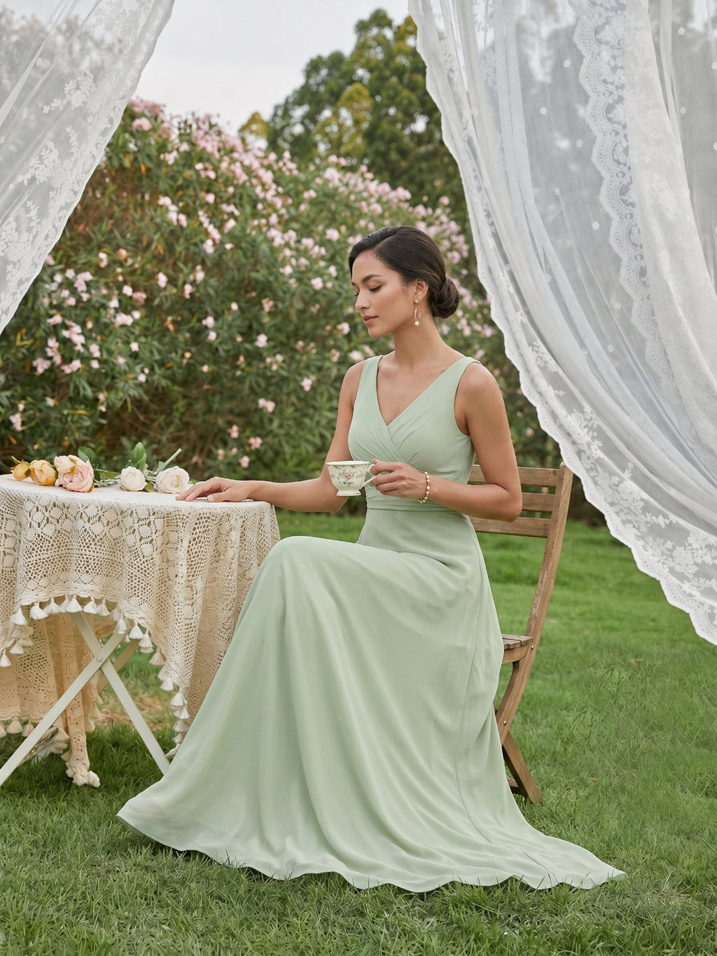Simple Dusty Sage Chiffon A-Line V-Neck Back Zip Ankle-Length Bridesmaid Dress - Curvevia