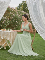 Simple Dusty Sage Chiffon A-Line V-Neck Back Zip Ankle-Length Bridesmaid Dress - Curvevia