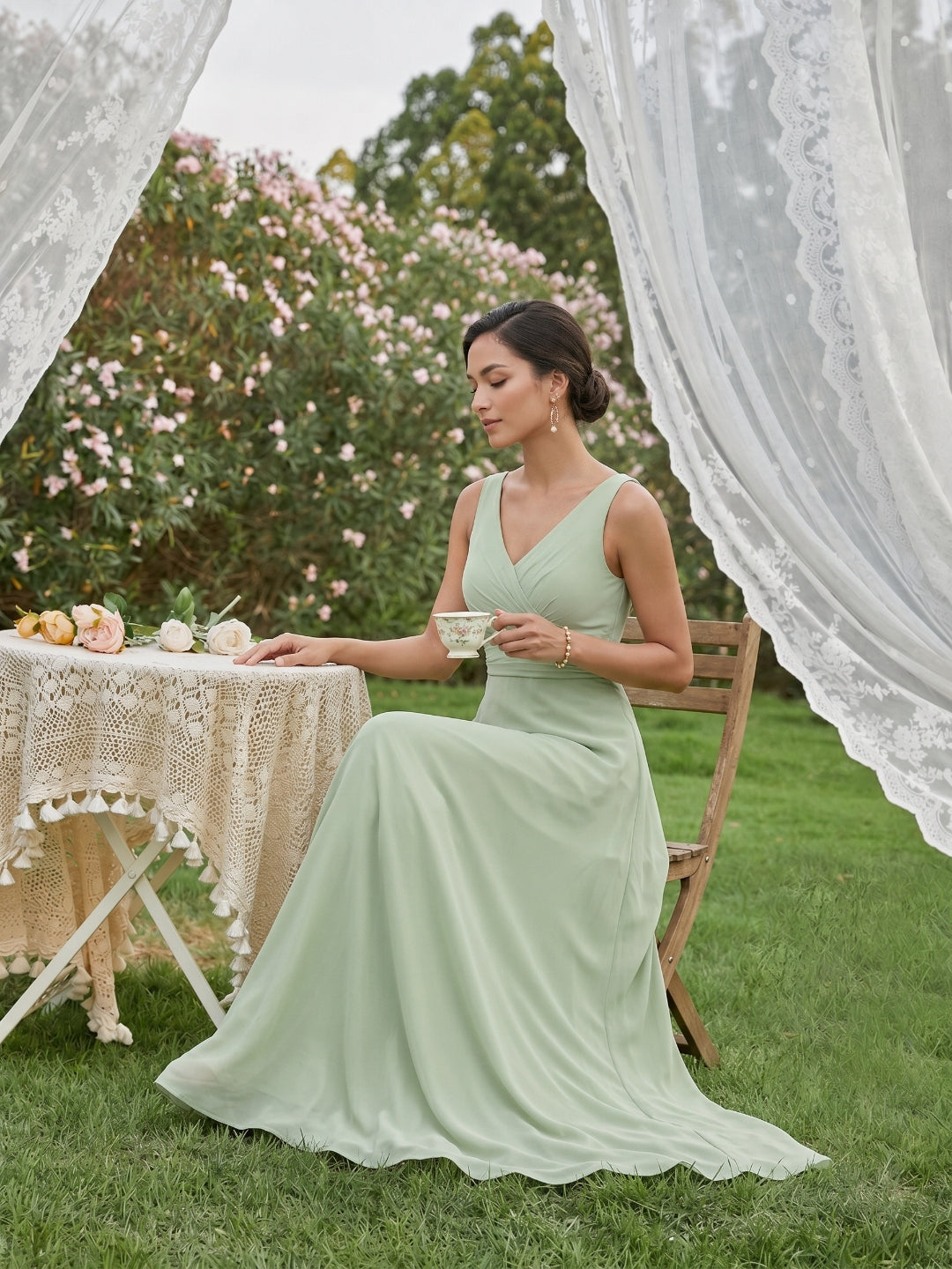 Simple Dusty Sage Chiffon A-Line V-Neck Back Zip Ankle-Length Bridesmaid Dress - Curvevia