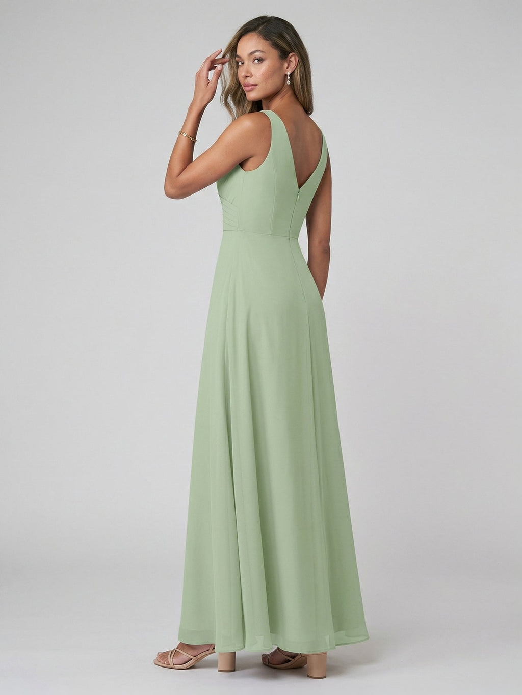Simple Dusty Sage Chiffon A-Line V-Neck Back Zip Ankle-Length Bridesmaid Dress - Curvevia