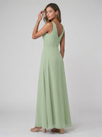 Simple Dusty Sage Chiffon A-Line V-Neck Back Zip Ankle-Length Bridesmaid Dress - Curvevia