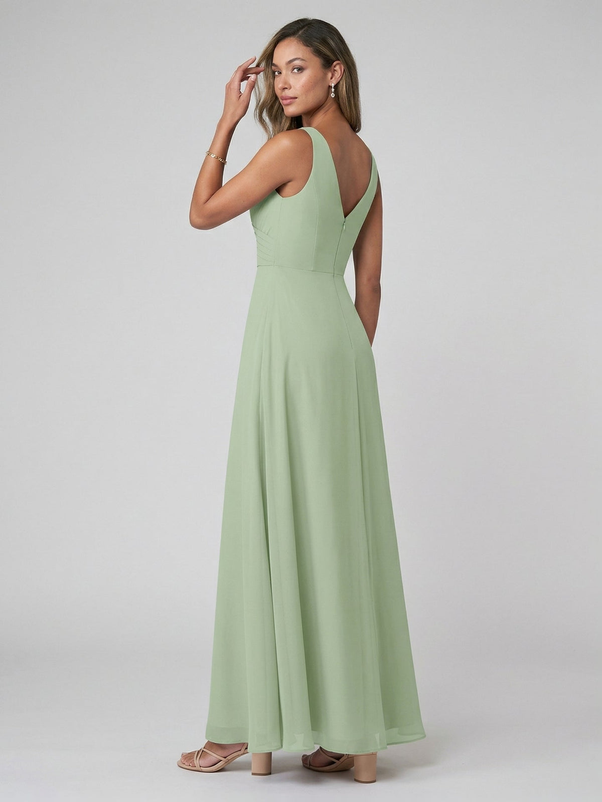 Simple Dusty Sage Chiffon A-Line V-Neck Back Zip Ankle-Length Bridesmaid Dress - Curvevia