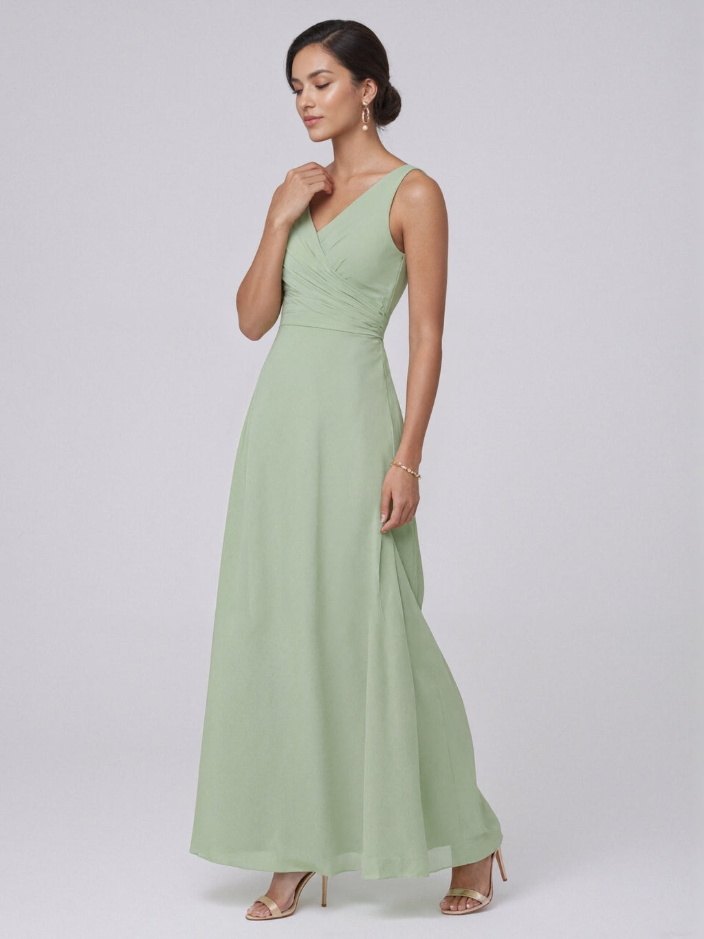 Simple Dusty Sage Chiffon A-Line V-Neck Back Zip Ankle-Length Bridesmaid Dress - Curvevia