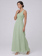 Simple Dusty Sage Chiffon A-Line V-Neck Back Zip Ankle-Length Bridesmaid Dress - Curvevia
