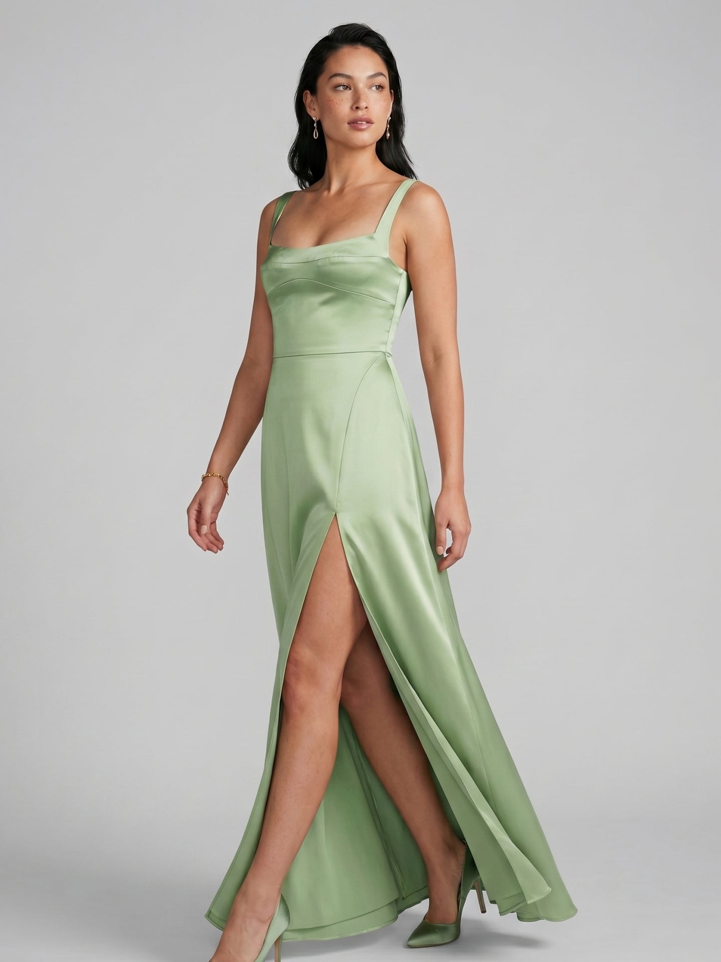 Simple Dusty Sage Satin A-Line Square Neck Ankle-Length Bridesmaid Dress - Curvevia
