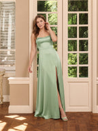 Simple Dusty Sage Satin A-Line Square Neck Ankle-Length Bridesmaid Dress - Curvevia