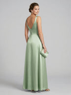 Simple Dusty Sage Satin A-Line Square Neck Ankle-Length Bridesmaid Dress - Curvevia