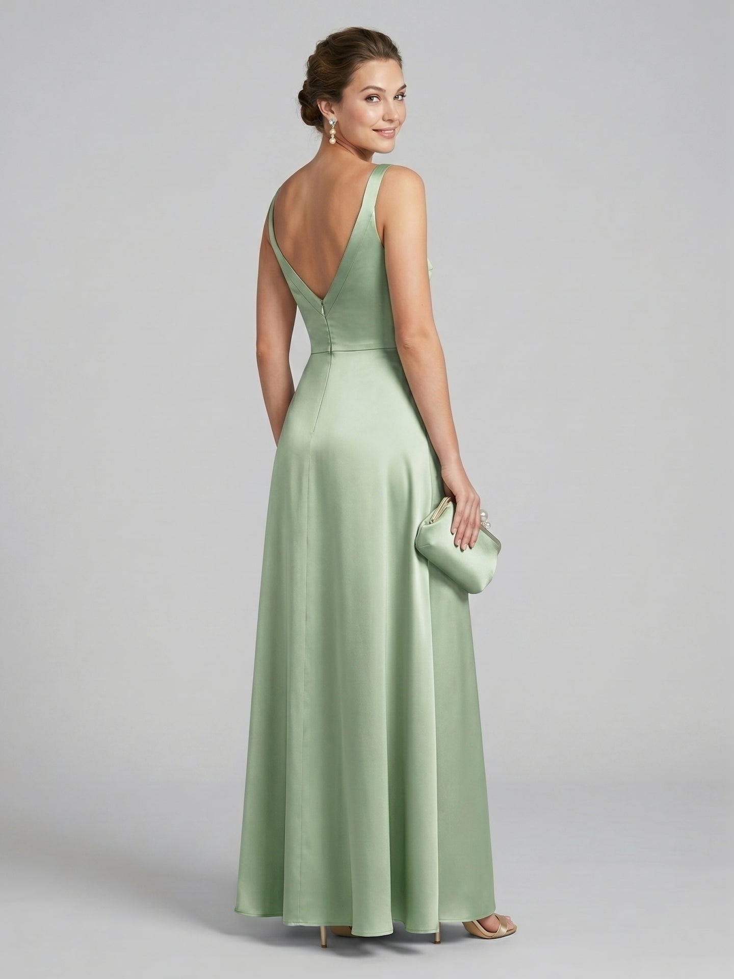 Simple Dusty Sage Satin A-Line Square Neck Ankle-Length Bridesmaid Dress - Curvevia