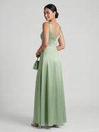 Simple Dusty Sage Satin A-Line Square Neck Ankle-Length Bridesmaid Dress - Curvevia