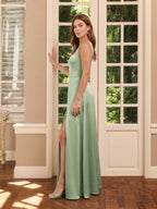Simple Dusty Sage Satin A-Line Square Neck Ankle-Length Bridesmaid Dress - Curvevia