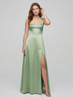 Simple Dusty Sage Satin A-Line Square Neck Ankle-Length Bridesmaid Dress - Curvevia