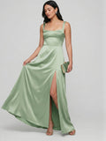 Simple Dusty Sage Satin A-Line Square Neck Ankle-Length Bridesmaid Dress - Curvevia