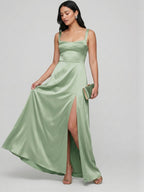 Simple Dusty Sage Satin A-Line Square Neck Ankle-Length Bridesmaid Dress - Curvevia