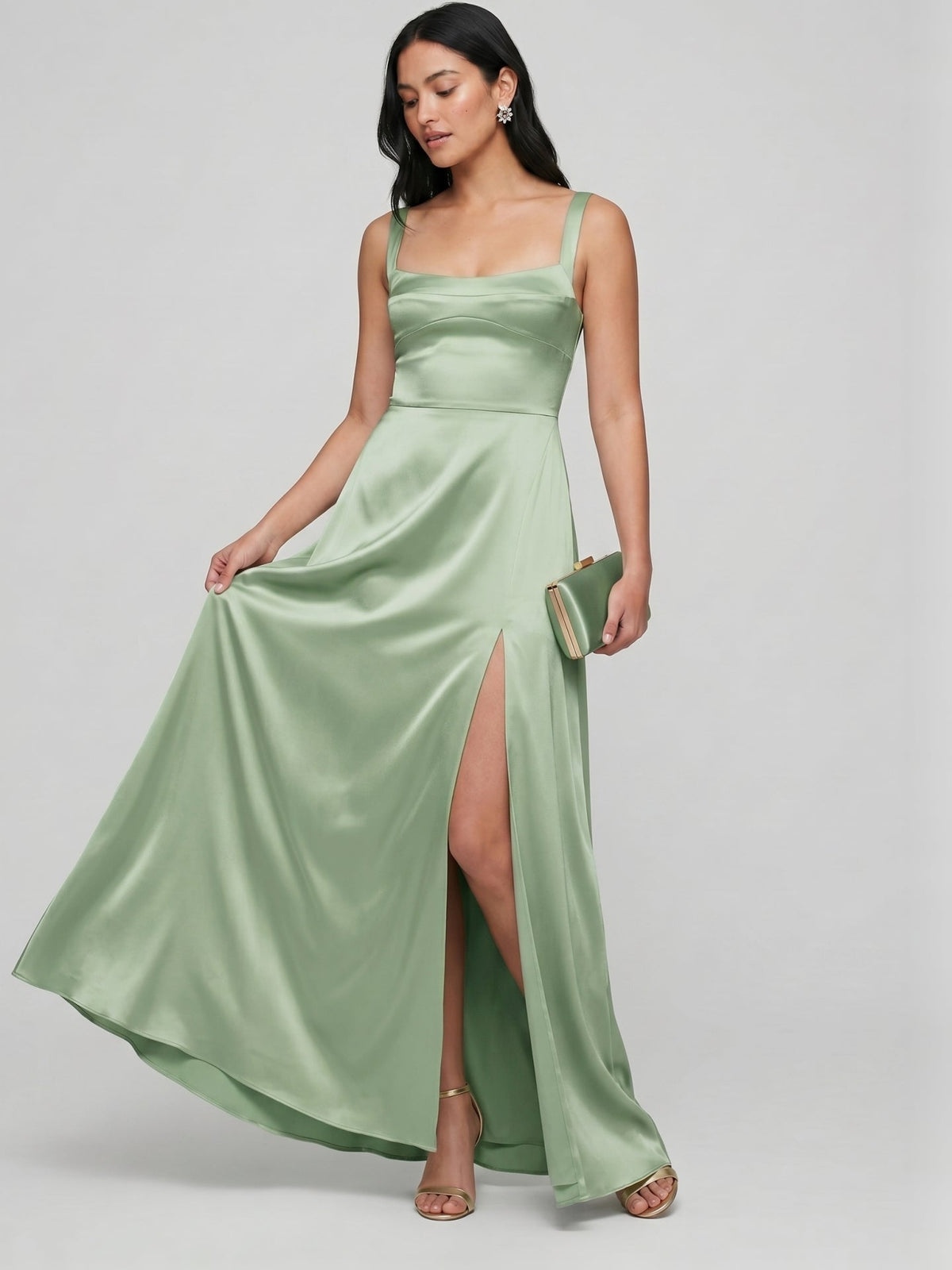 Simple Dusty Sage Satin A-Line Square Neck Ankle-Length Bridesmaid Dress - Curvevia