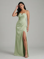 Simple Dusty Sage Satin Sheath Straight Neck Backless Ankle-Length Bridesmaid Dress - Curvevia