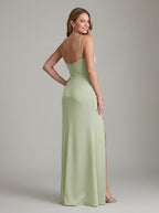 Simple Dusty Sage Satin Sheath Straight Neck Backless Ankle-Length Bridesmaid Dress - Curvevia