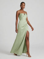 Simple Dusty Sage Satin Sheath Straight Neck Backless Ankle-Length Bridesmaid Dress - Curvevia