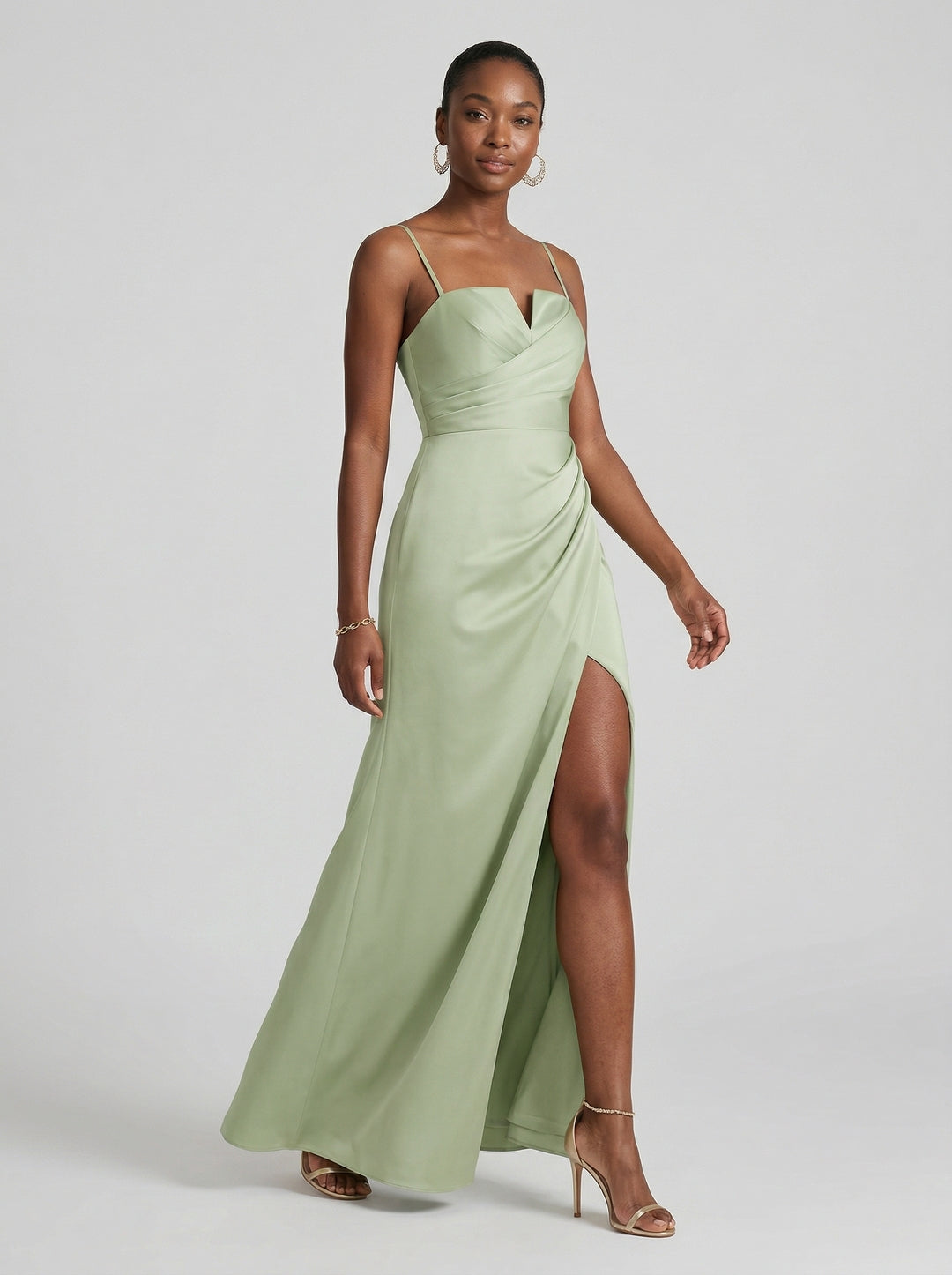Simple Dusty Sage Satin Sheath Straight Neck Backless Ankle-Length Bridesmaid Dress - Curvevia
