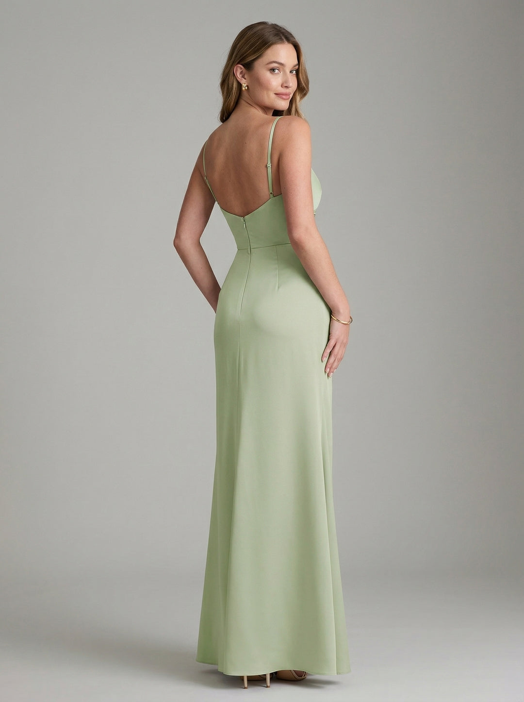 Simple Dusty Sage Satin Sheath Straight Neck Backless Ankle-Length Bridesmaid Dress - Curvevia