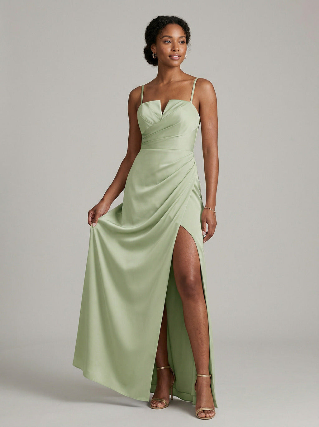 Simple Dusty Sage Satin Sheath Straight Neck Backless Ankle-Length Bridesmaid Dress - Curvevia