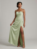 Simple Dusty Sage Satin Sheath Straight Neck Backless Ankle-Length Bridesmaid Dress - Curvevia
